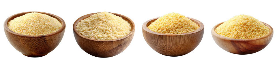 Close up of four wooden bowls filled with a couscous. The bowls are arranged in a row, with couscous a golden yellow color. A simple, elegant shot for food lovers.
