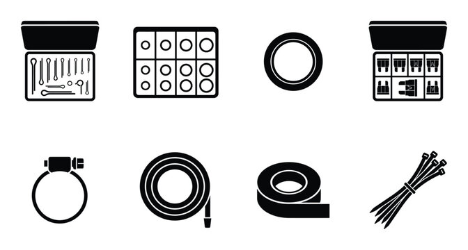 Hardware and fasteners icons set with cotter pins rubber o-rings electric fuses hose clamp and tape