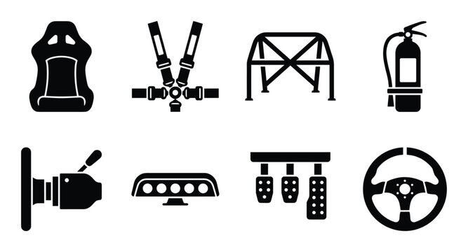 Racing car interior parts black icons set for motor sport safety seat harness roll cage steering wheel