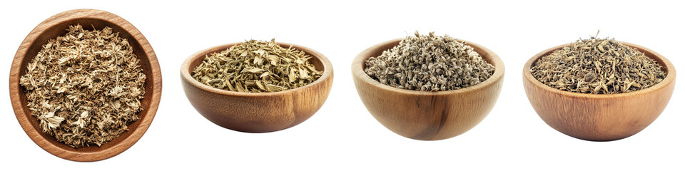 A top-down view of bowls filled with assorted dried herbs, presenting a variety of culinary ingredients. The image offers a clear view of different herbs, each in its wooden bowl.