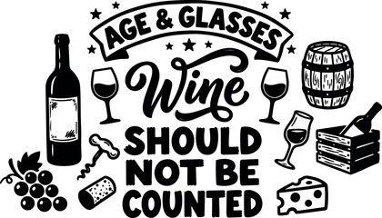 Fototapeta premium Vintage hand lettering close up of wine sign featuring bottle and glasses with grapes cork cheese barrel and playful bold typography