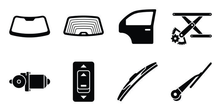 Set of black car exterior and window mechanism vector icons on transparent background, auto parts
