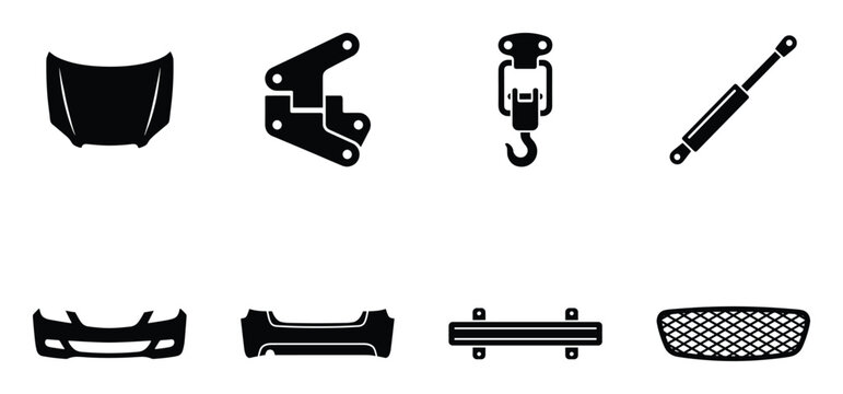 Set of black silhouettes of car hood bumpers and grill with various accessories