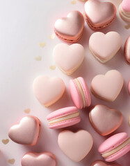Obraz premium Assorted pink and rose gold heart-shaped macarons are scattered on a light surface with small gold heart confetti for a romantic theme. Generative AI.