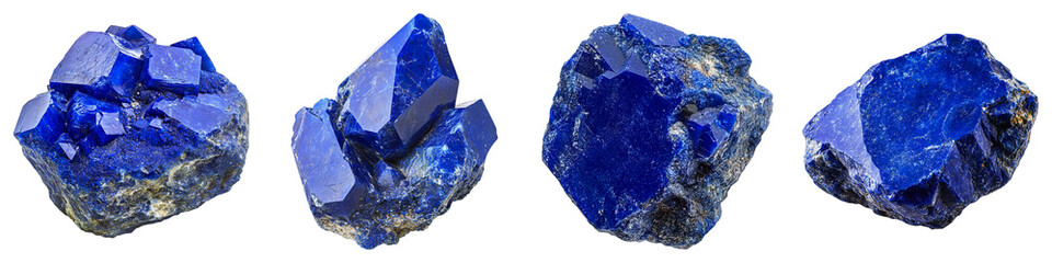Four vibrant, raw, natural Lapis Lazuli gemstones. They are various shapes, some are crystalline. They have a deep, beautiful blue color.