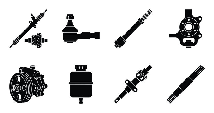 Set of black silhouettes of steering and suspension parts on a transparent background
