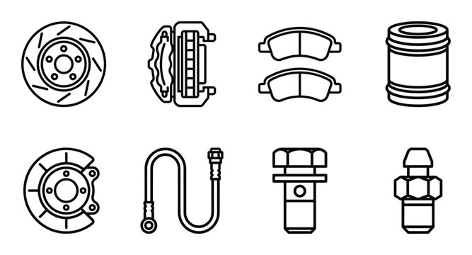 Set of car brake system components and engine oil filter icon outline vector illustration