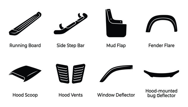Set of car exterior parts and accessories, body kits and modifications for vehicles