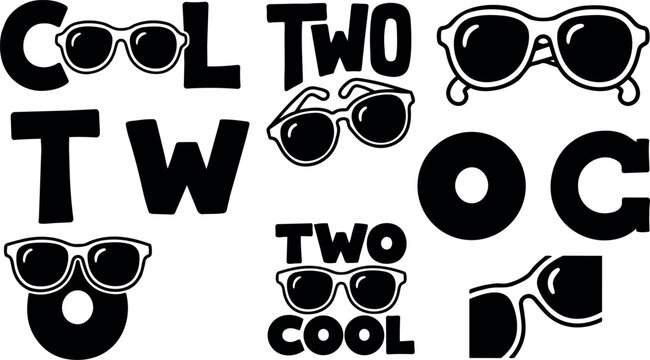 Flat design playful sunglasses and typographic two cool sticker sheet close up with bold black shapes vector apparel branding minimal graphic