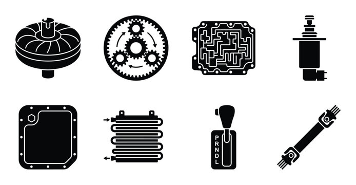 Set of vector icons for automotive transmission parts including torque converter and gear system