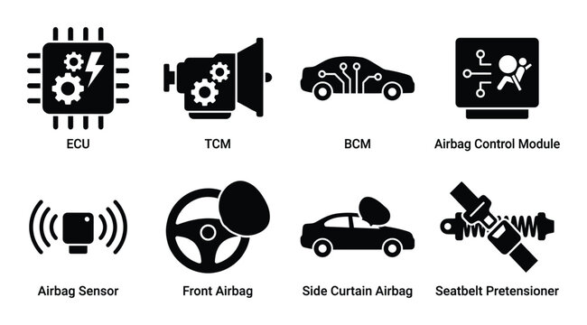 Vehicle electronic control unit and safety system icons including airbag modules and sensors set