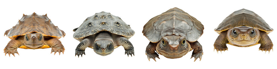 A line of tortoise standing in a row, with variations in shell and body color and texture. An image featuring a collection of unique tortoise species.