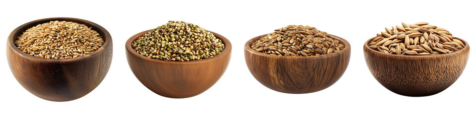 Various grains displayed in wooden bowls. These grains offer diverse culinary and nutritional uses. A healthy eating concept.