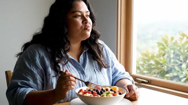 A woman with dark hair wearing a blue shirt eats a bowl of fruit salad by a window.