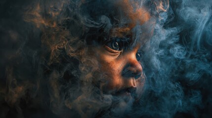 Swirling industrial smoke creating an ominous child's face, Abstract representation of pollution.