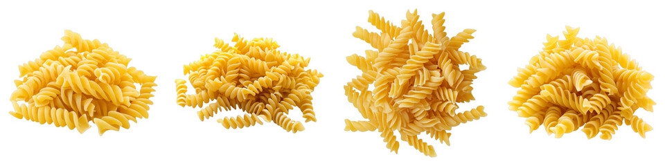Pile of dried fusilli pasta arranged neatly, each stack unique. It captures the texture, color, and shape of the pasta in the arrangement. 