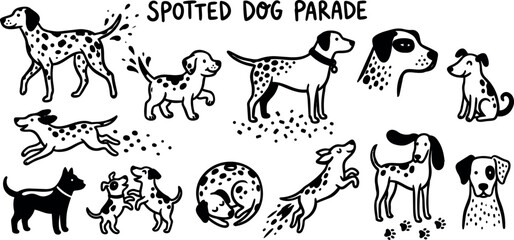 Obraz premium Hand drawn doodle spotted dog parade collection showing puppies and adults playing, running and posing in playful ink style illustration