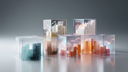 Transparent cubes filled with charts stacked upward, modern 3D style, neutral corporate colors, clean lighting, growth analytics