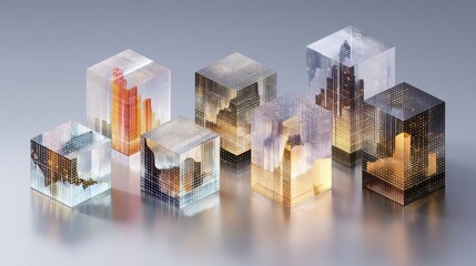 Transparent cubes filled with charts stacked upward, modern 3D style, neutral corporate colors, clean lighting, growth analytics