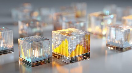 Transparent cubes filled with charts stacked upward, modern 3D style, neutral corporate colors, clean lighting, growth analytics