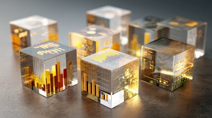 Transparent cubes filled with charts stacked upward, modern 3D style, neutral corporate colors, clean lighting, growth analytics