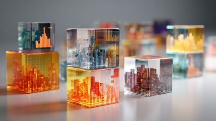 Transparent cubes filled with charts stacked upward, modern 3D style, neutral corporate colors, clean lighting, growth analytics