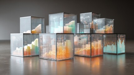 Transparent cubes filled with charts stacked upward, modern 3D style, neutral corporate colors, clean lighting, growth analytics