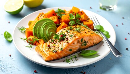 Salmon with Roasted Butternut Squash and Avocado Delight.
