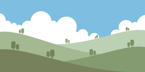 Fotobehang Olijf Minimal hills landscape vector with cloudy sky. Suitable for kids illustration, educational design, backgrounds, banners, and modern flat visuals.  © yossi