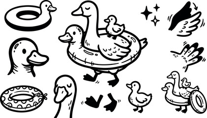 Obraz premium Whimsical kids doodle close up duck sketches with inflatable ring, mother duck and duckling walking, playful line art illustration