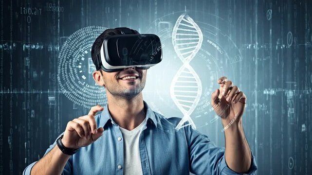 VR Technology and Human Exploration: A person wearing a virtual reality headset interacts with an intricate digital display, embodying the fusion of human curiosity and technological advancement.