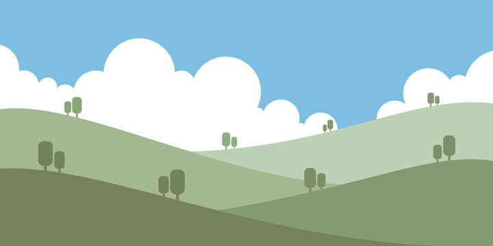 Minimal hills landscape vector with cloudy sky. Suitable for kids illustration, educational design, backgrounds, banners, and modern flat visuals.