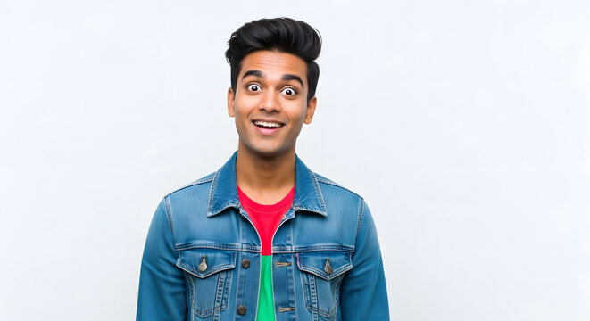 Astonished young man with wide eyes and open mouth expressing surprise and excitement, isolated on white background
