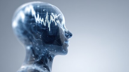 Transparent head silhouette with glowing charts inside, futuristic medical-tech style, blue white palette, clean 3D render, analytical thinking. 