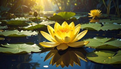 Radiant Yellow Water Lily Blossoming in a Tranquil Pond.