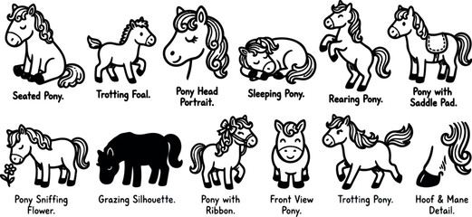 Fototapeta premium Line art pony icon set showing seated, trotting, rearing, sleeping and head portrait views with playful black ink doodle style