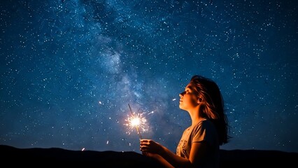 Woman holding sparkler under starry night sky for celebration