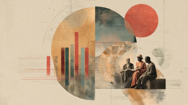 Vintage meets future data charts on textured paper, retro futuristic style, muted pastel colors, collage illustration, business insight storytelling.