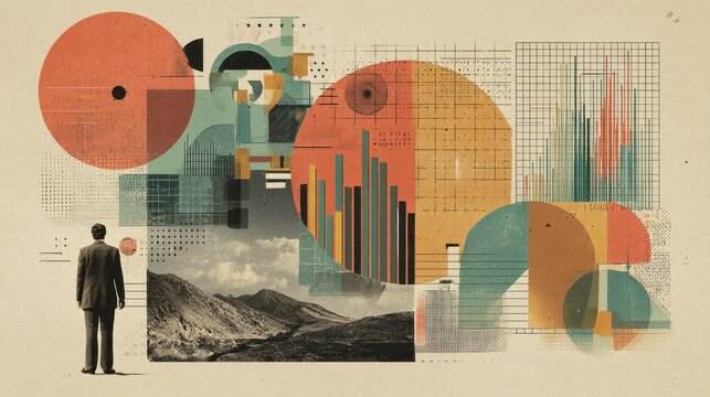 Vintage meets future data charts on textured paper, retro futuristic style, muted pastel colors, collage illustration, business insight storytelling.