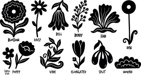 Flat design hand drawn floral icon set with blossom daisy poppy vine labeled black silhouettes on white background collection arranged neatly
