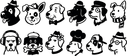 Fototapeta premium Cartoon line art row of diverse dog head icons wearing hats and accessories close up black and white vector sticker set