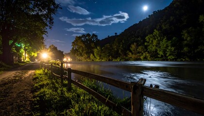 Nighttime River Scene with Moonlit Sky and Forest Backdrop.