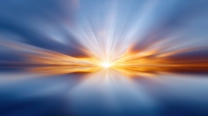 Obraz premium Calming Abstract Sunrise Over Water with Radiant Light and Soft Waves Reflected in Vibrant Colors of Blue, Orange, and Yellow at Dusk or Dawn