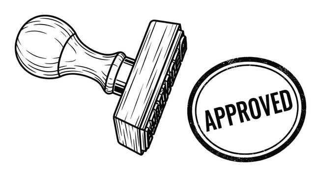 Approved black ink rubber stamp and wooden handle on transparent background