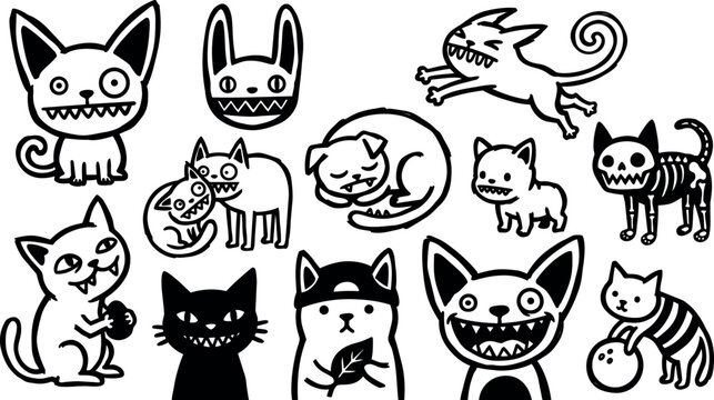 Tattoo flash playful creepy cat icons in black and white assortment showing wide grins various poses close up flat line art