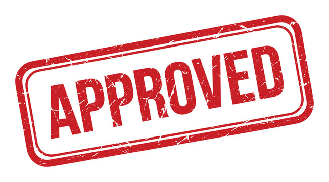 Approved red rubber stamp seal with grunge texture over transparent background for business documents