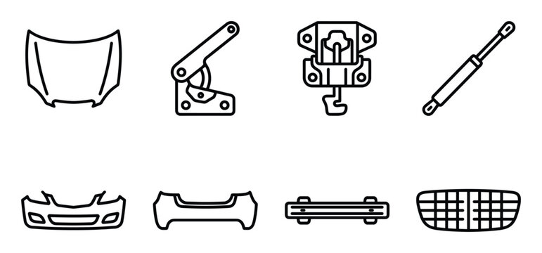 Automotive body parts collection featuring hood bumper grille and strut components