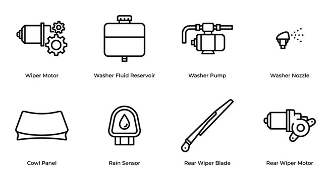 Car windshield wiper system icon set including motor pump reservoir nozzle and rain sensor vector