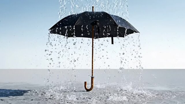 Umbrella standing still as rain falls upward into the sky in bright daylight, surreal and humorous concept symbolizing office work stress and mental overload video