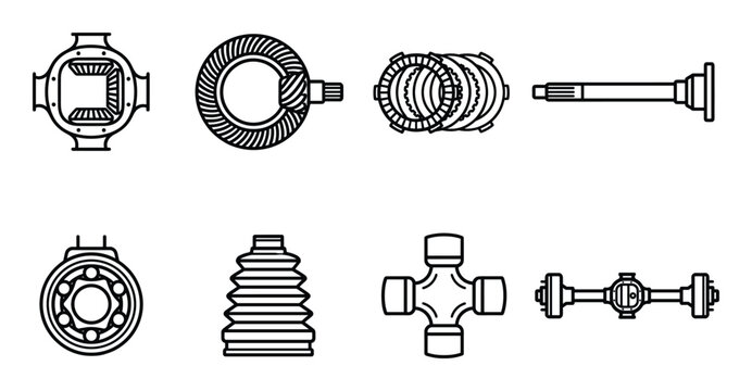 Collection of car differential and drivetrain components including gears axles and joints